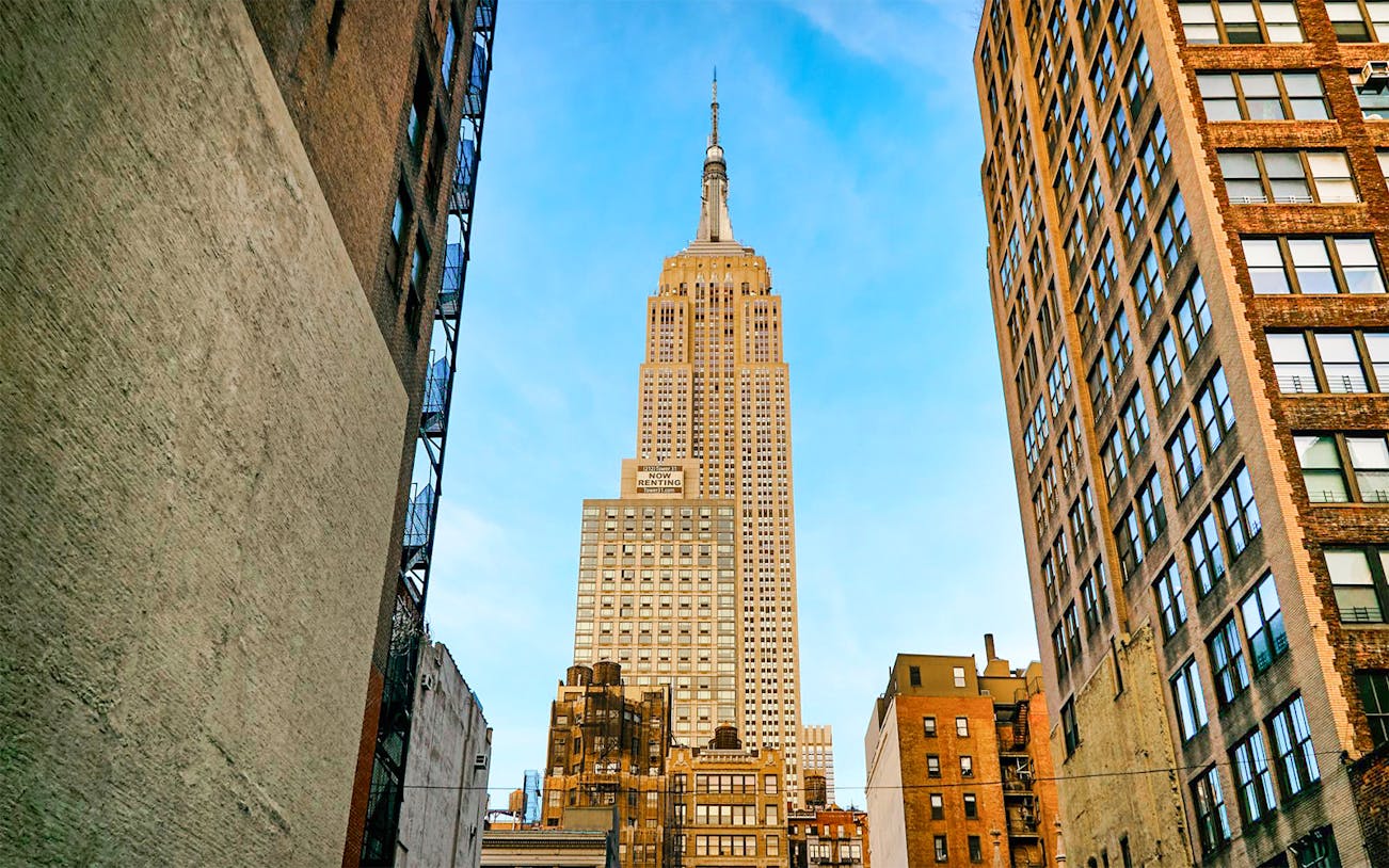 Empire State Building viewed from street on walking tour in New York City.