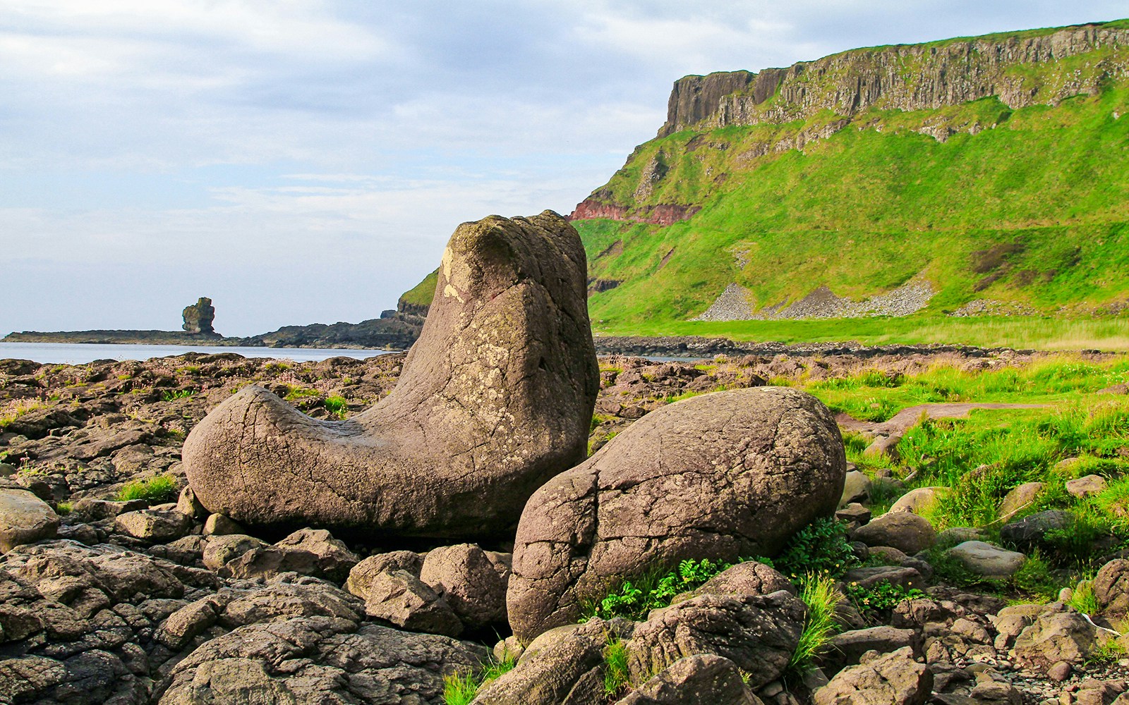 Giant's Boot rock formation at Giant's Causeway, Northern Ireland, with green cliffs in the background.