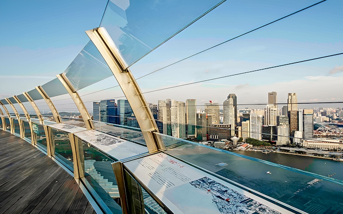 Marina Bay Sands SkyPark Observation Deck overlooking Singapore skyline.