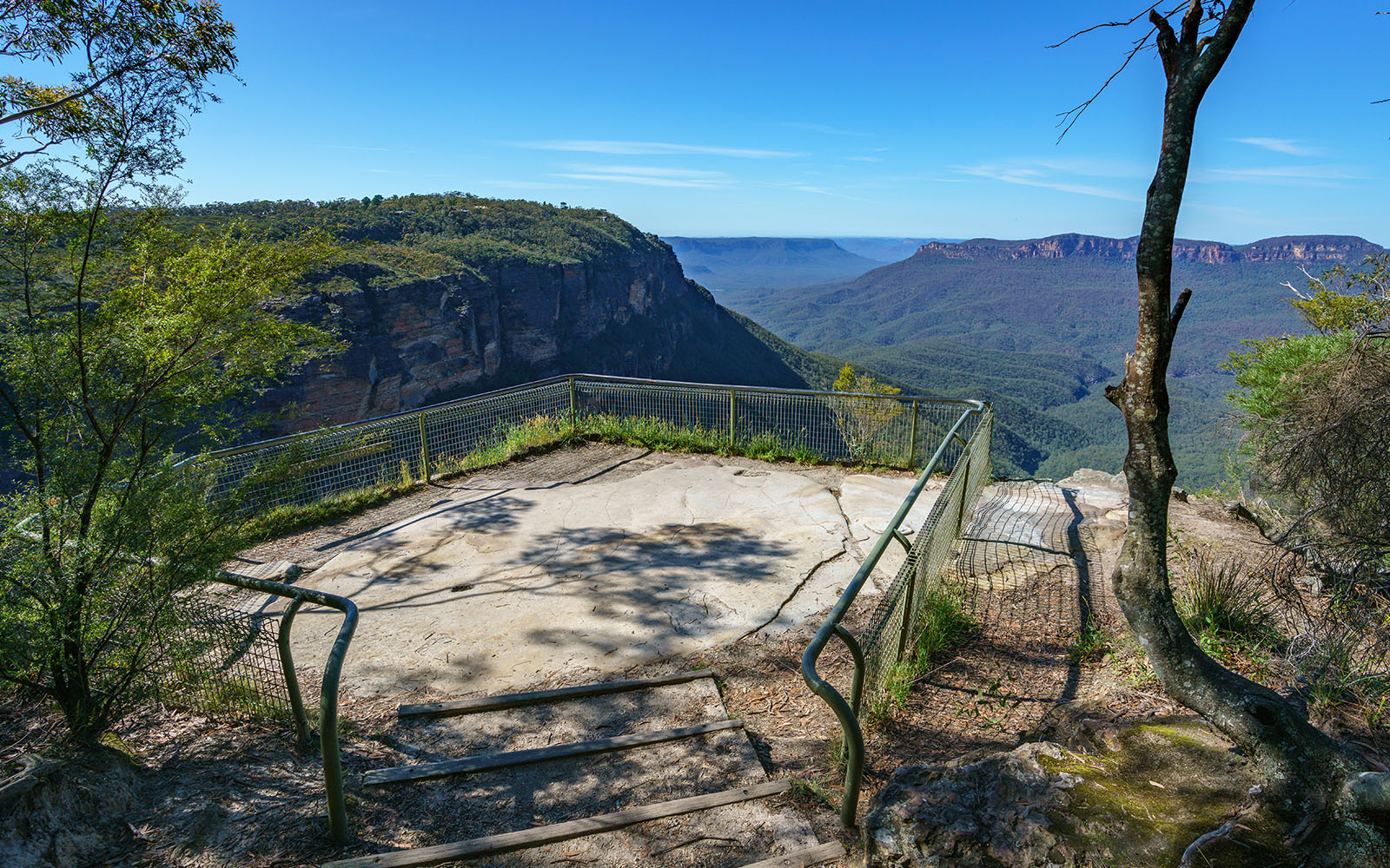 Gordon Falls Lookout view of Blue Mountains, Australia, showcasing lush forest and distant cliffs.