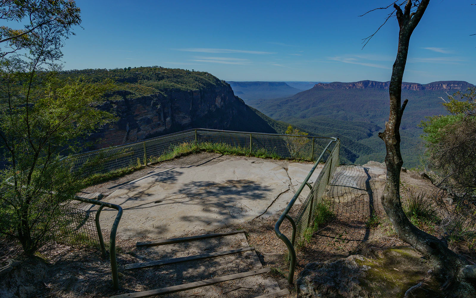 Gordon Falls Lookout view of Blue Mountains, Australia, showcasing lush forest and distant cliffs.