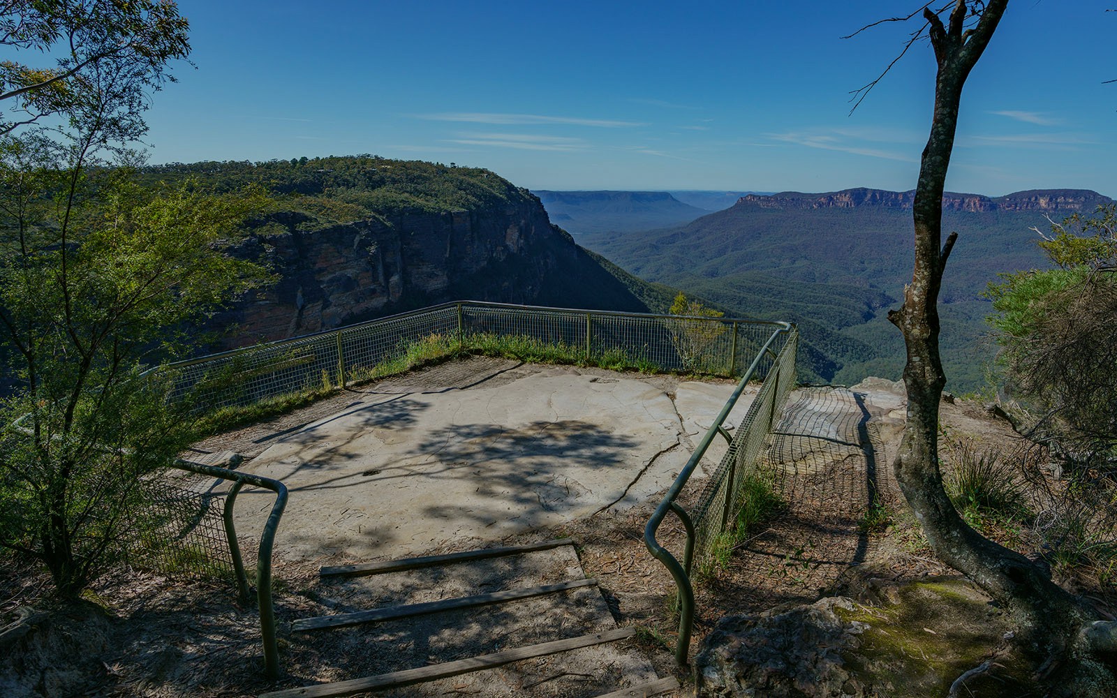 Gordon Falls Lookout view of Blue Mountains, Australia, showcasing lush forest and distant cliffs.