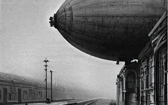 Zeppelin over Bucharest train station, part of self-guided city exploration game.