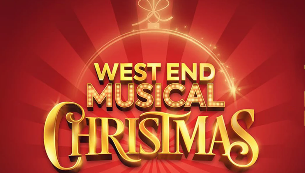 West End Musical Christmas logo with festive red background.
