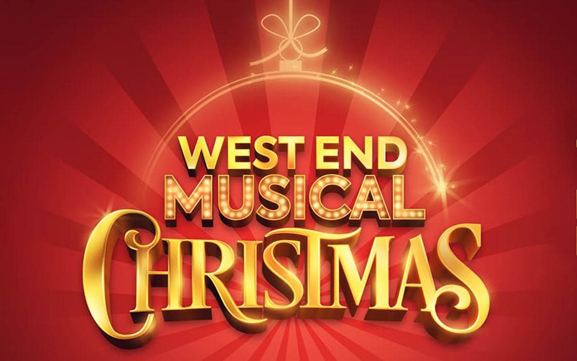 West End Musical Christmas logo with festive red background.