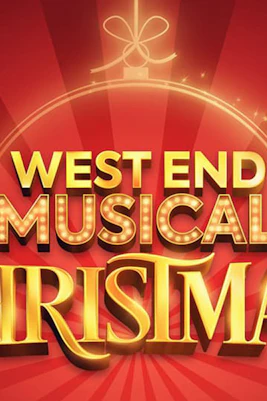 West End Musical Christmas logo with festive red background.
