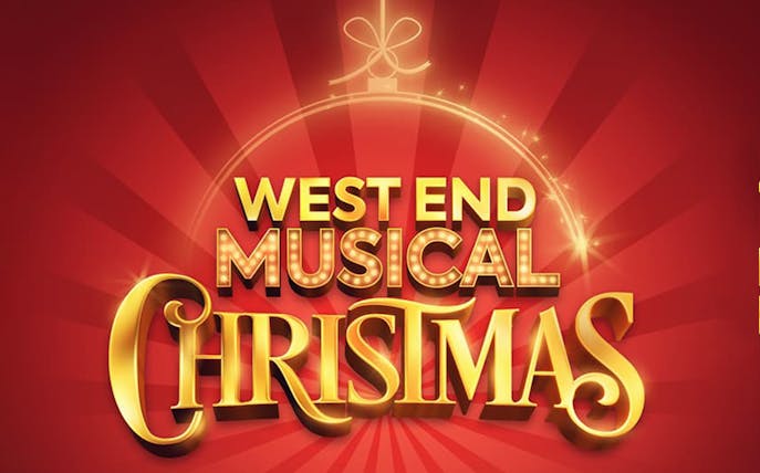 West End Musical Christmas logo with festive red background.
