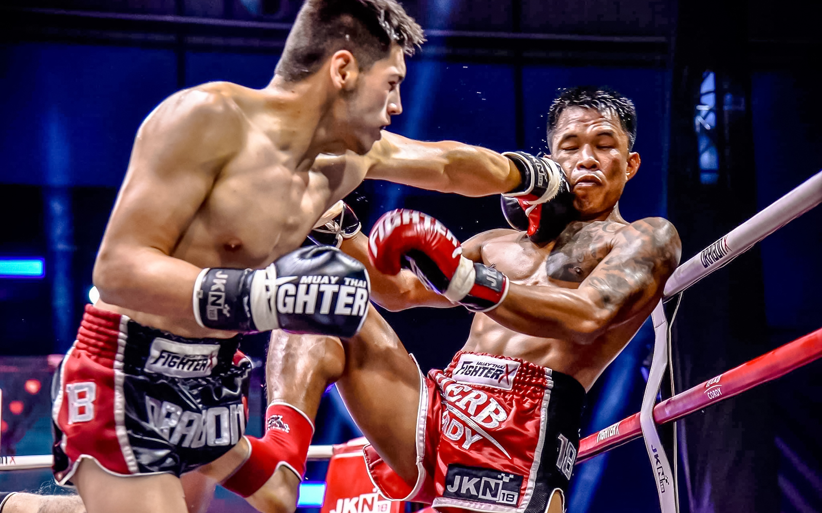 Muay Thai fighters in action at Patong Boxing Stadium, Phuket.