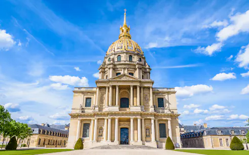 Dome des Invalides in Paris with golden dome and historic architecture.