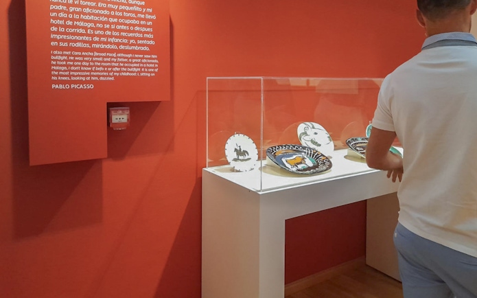 Visitor viewing ceramic art at Picasso's Birthplace Museum in Málaga.
