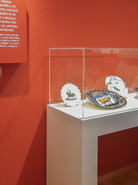 Visitor viewing ceramic art at Picasso's Birthplace Museum in Málaga.
