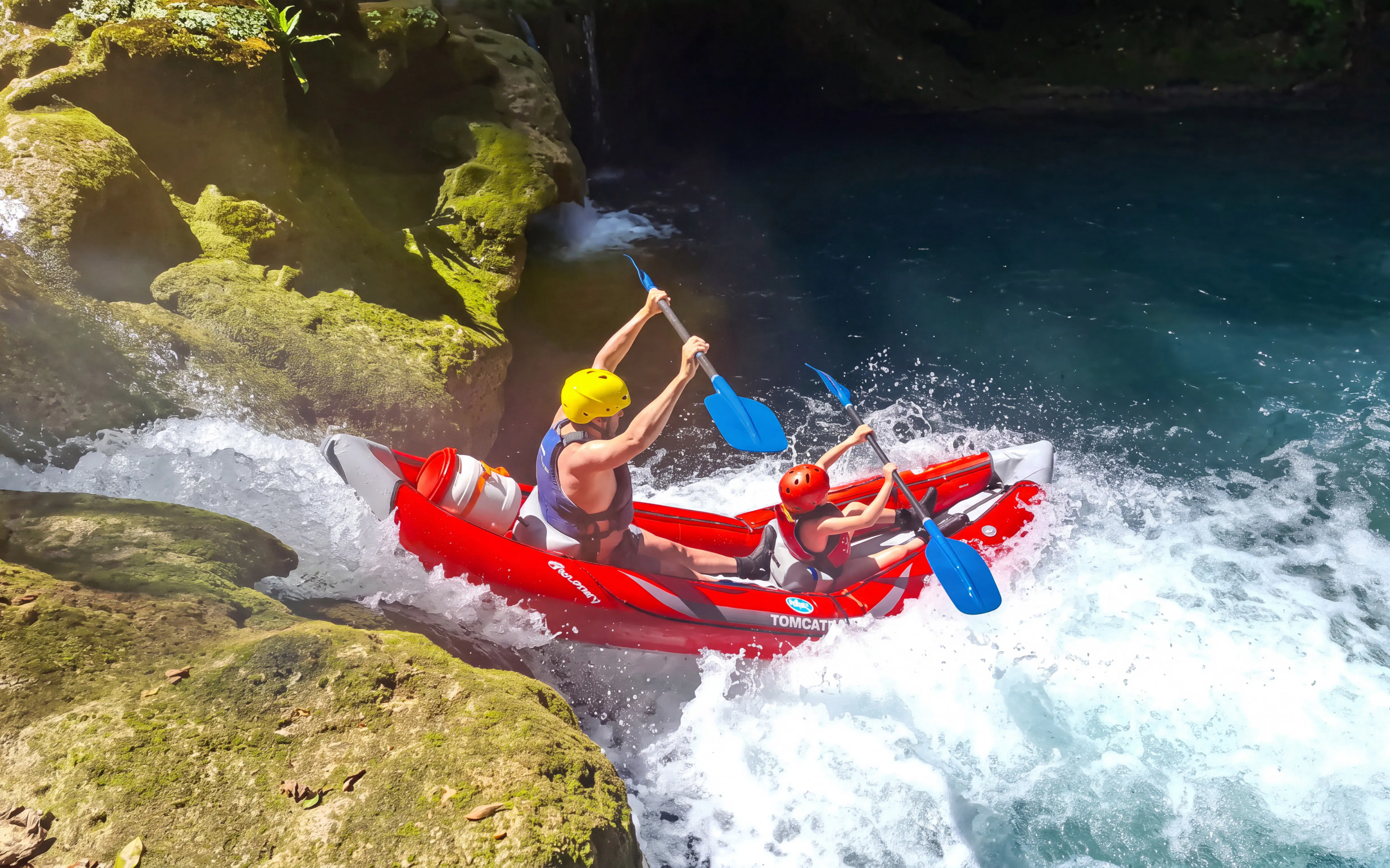 Tourists kayaking through rapids in Mrežnica Canyon Waterfalls, Split.