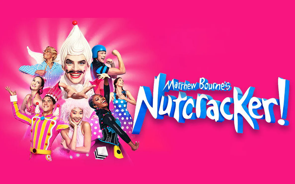 Performers in colorful costumes for Matthew Bourne's Nutcracker! against a pink background.