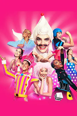 Performers in colorful costumes for Matthew Bourne's Nutcracker! against a pink background.