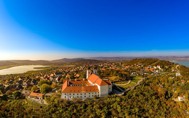 Aerial view of Tihany Abbey and Lake Balaton in Hungary.