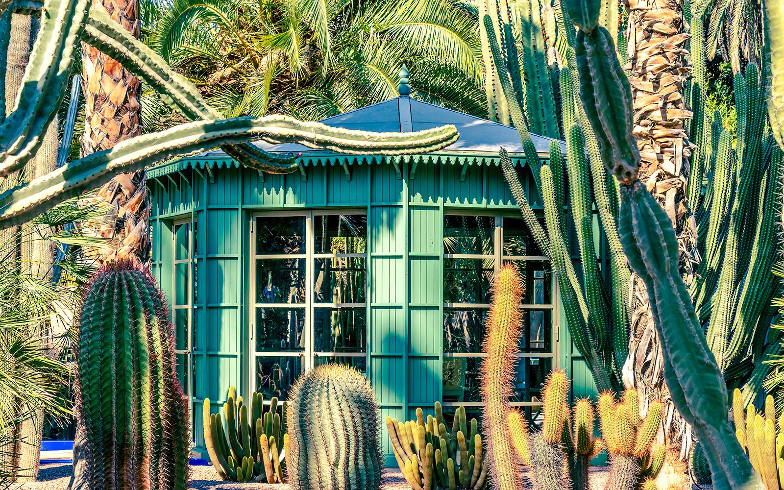 Green pavilion surrounded by cacti at Jardin Majorelle, Marrakech.