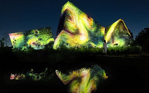 Visitors at teamLab Botanical Garden in Osaka viewing digital art installations.