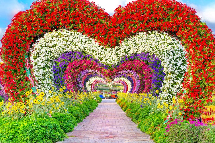 Dubai Miracle Garden heart-shaped floral archway, Valentine's Day in Dubai.