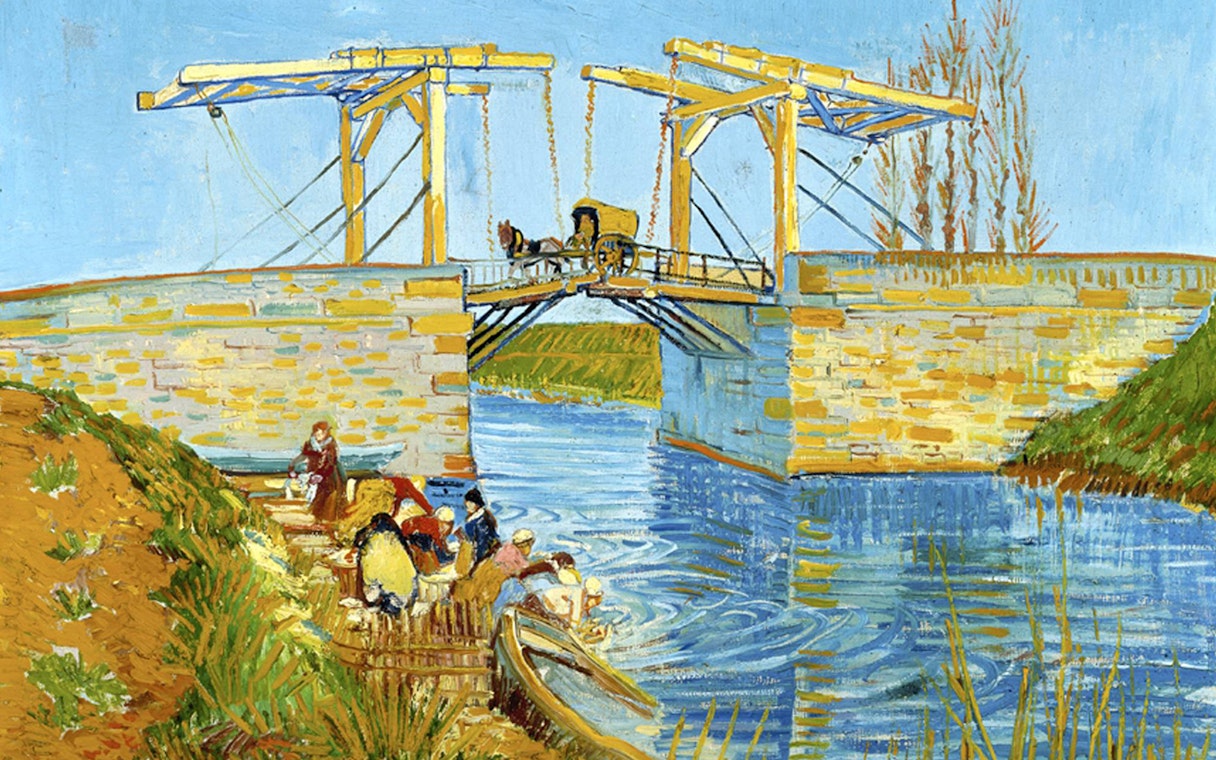 Langlois Bridge at Arles with women washing clothes, painting by Vincent van Gogh at Kröller Müller Museum.