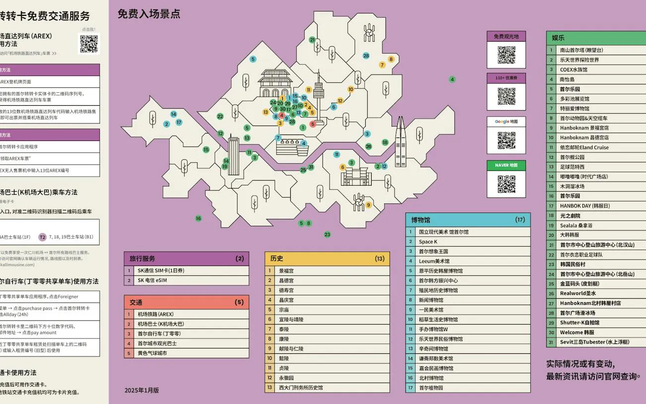 Seoul attractions map with landmarks and services for Discover Seoul Pass 72 hours.