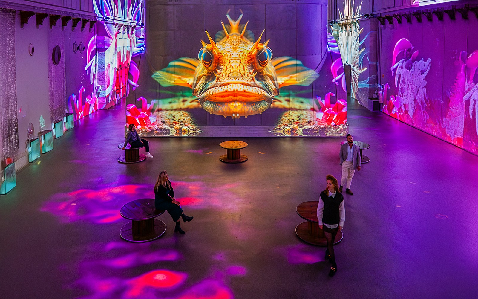 Interactive sea-themed digital art at Fabrique des Lumières exhibition.