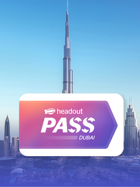 Burj Khalifa towering over Dubai skyline with Headout Pass logo in foreground.