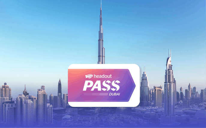 Burj Khalifa towering over Dubai skyline with Headout Pass logo in foreground.