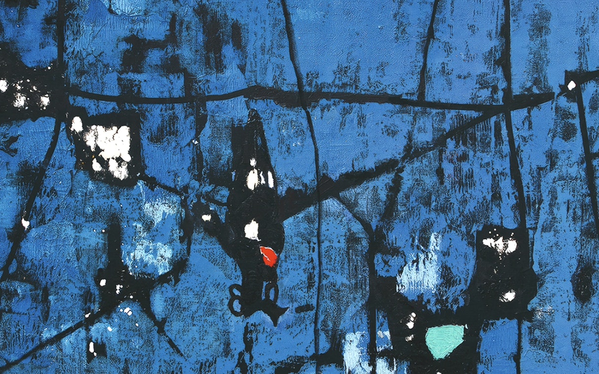 Abstract blue and black painting with geometric patterns at Fundación MAPFRE Recoletos Room, Madrid.