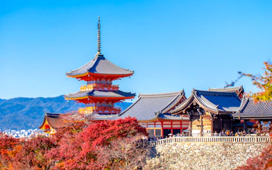 Kyoto's Kiyomizu-dera Temple with autumn foliage, part of the Osaka to Kyoto Sagano Day Tour.