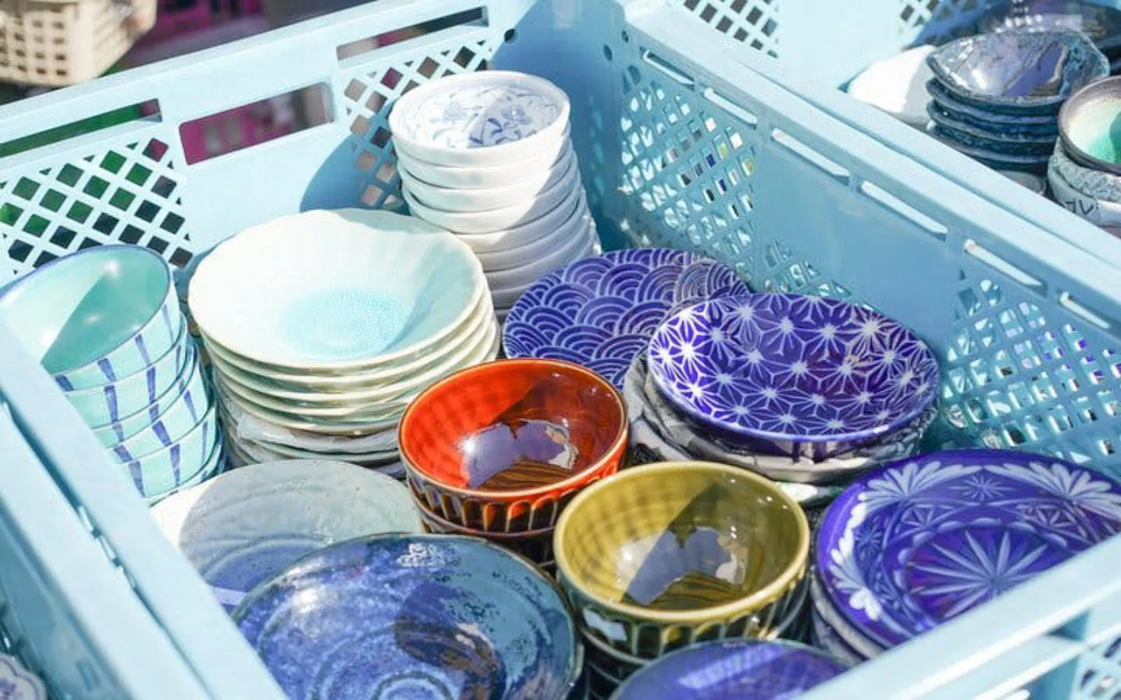 Colorful Japanese bowls at Tsukiji market, Tokyo tour.
