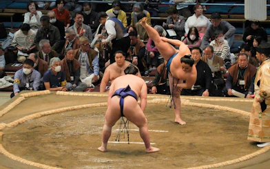 Sumo wrestlers competing in a ring with an audience in Tokyo, Japan.