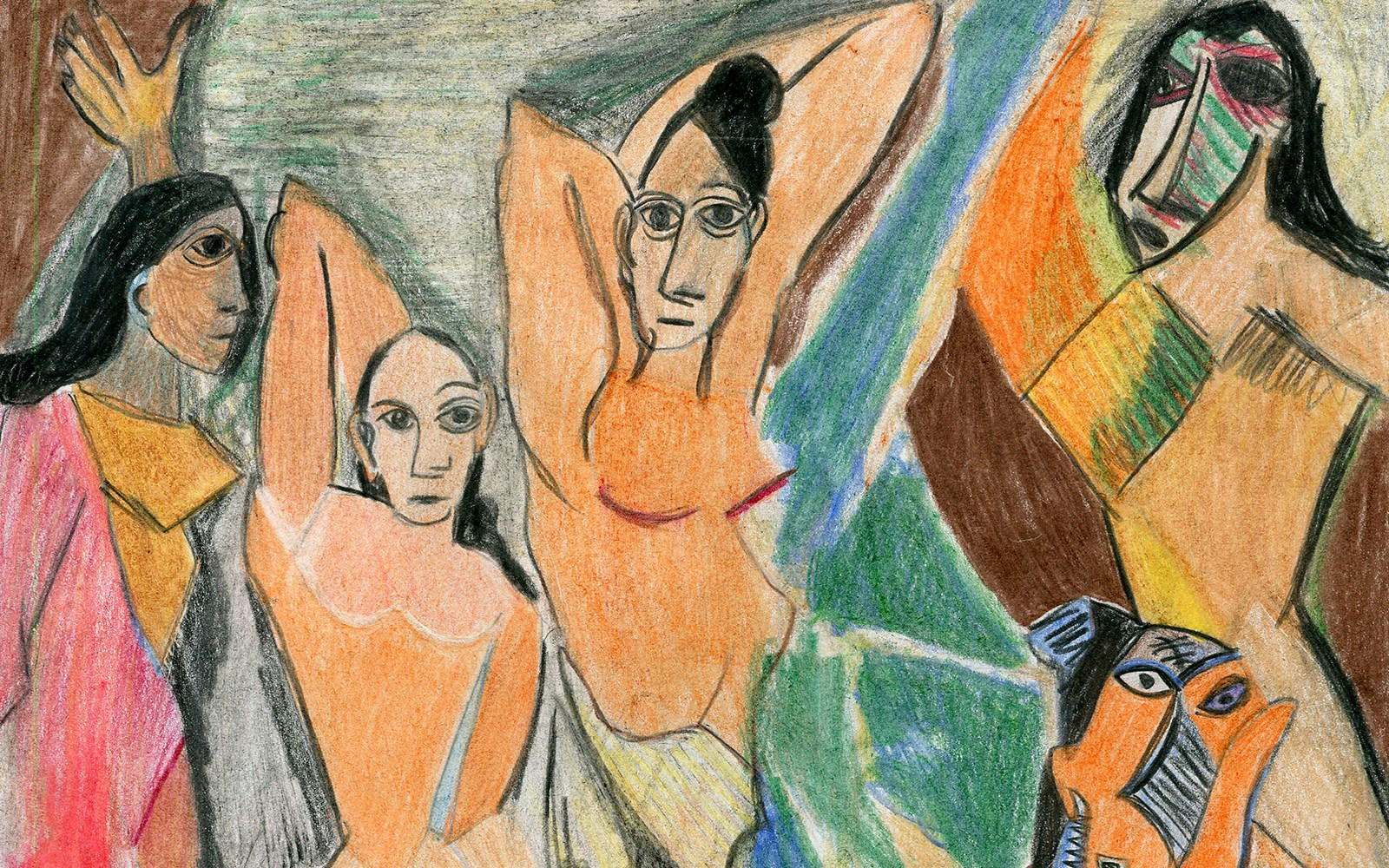 Picasso's Les Demoiselles d'Avignon painting displayed at a museum.