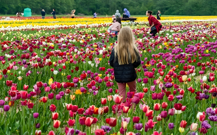 Visitors exploring vibrant tulip fields at Keukenhof near Amsterdam.