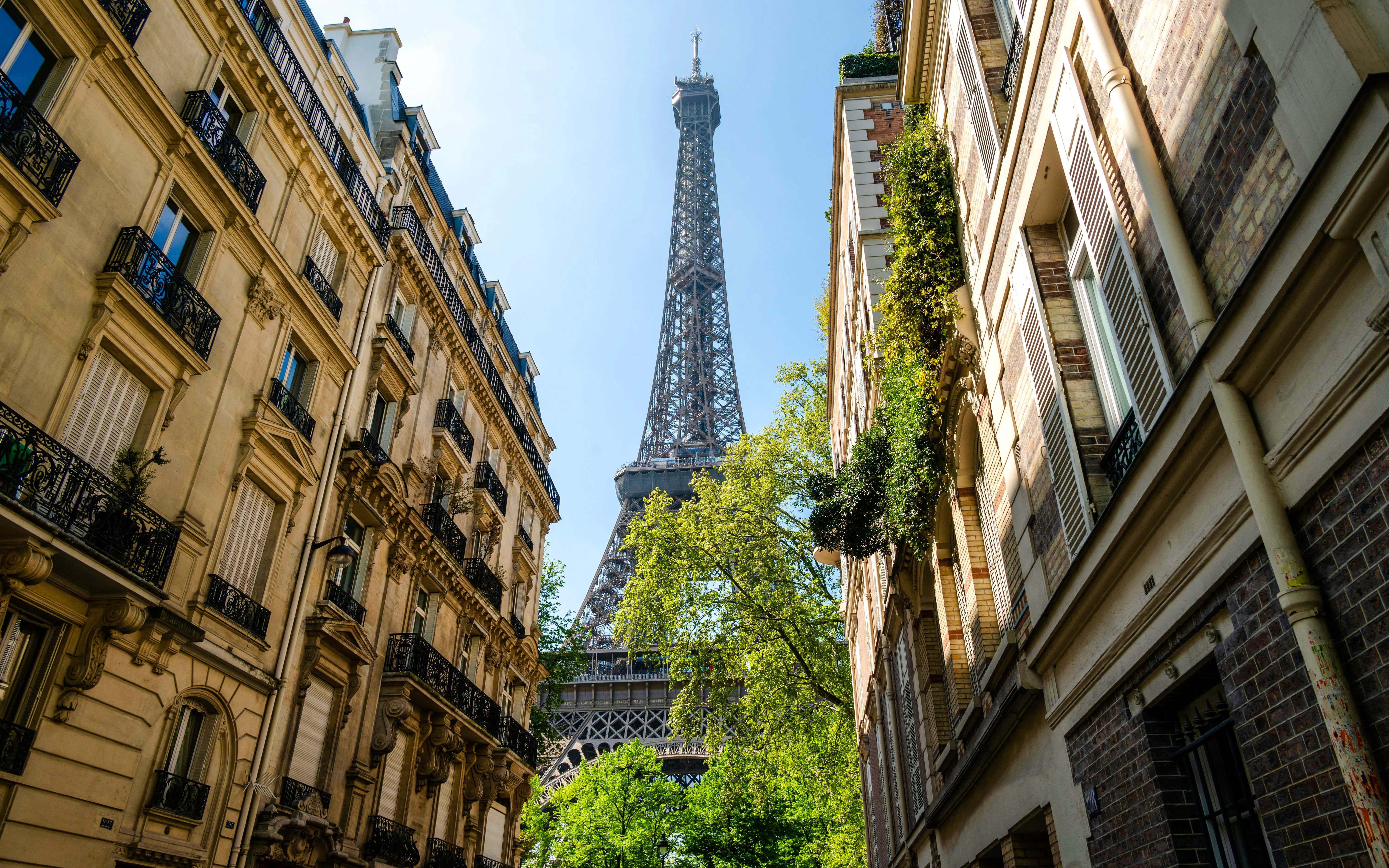 Eiffel Tower viewed from Rue de l’Université, Paris, framed by classic Parisian buildings.