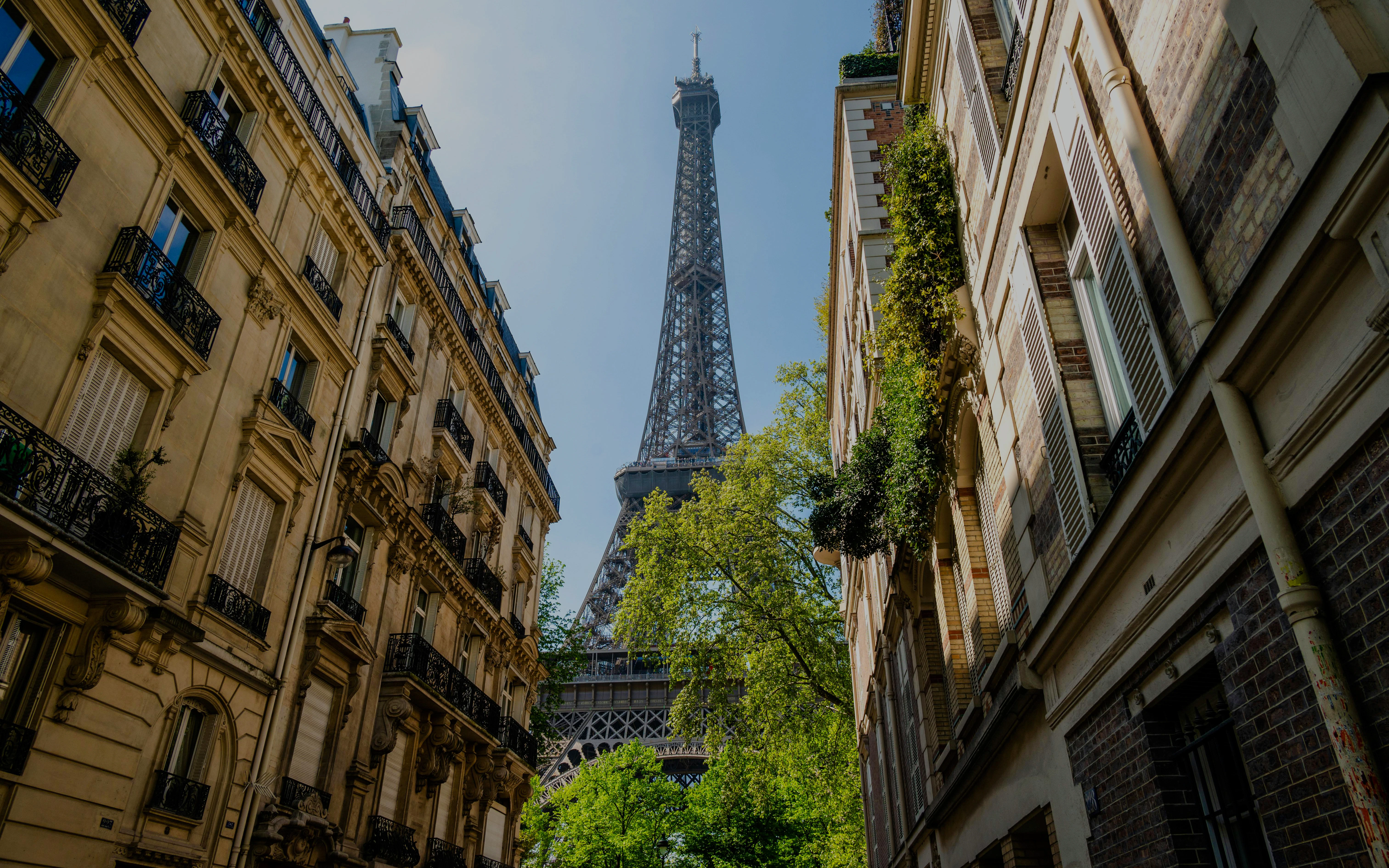 Eiffel Tower viewed from Rue de l’Université, Paris, framed by classic Parisian buildings.
