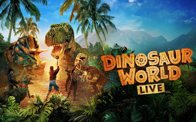 Dinosaur World Live show with performers and animatronic dinosaurs in a jungle setting.