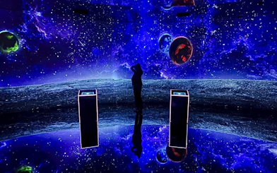Tourist exploring space-themed exhibit at MIRACLEWORLD Osaka.