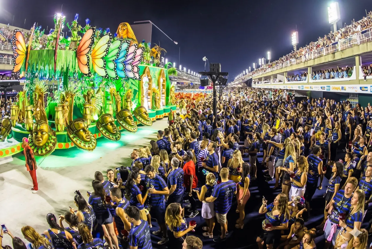 Carnival parade with vibrant float and crowd at Sapucaí, Rio de Janeiro, 2027.