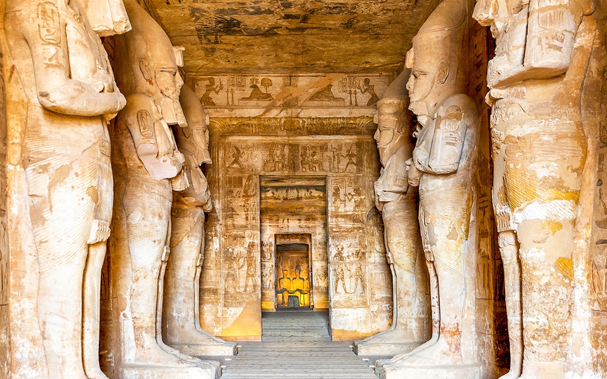 Abu Simbel Temple interior with ancient statues and hieroglyphics, Egypt.