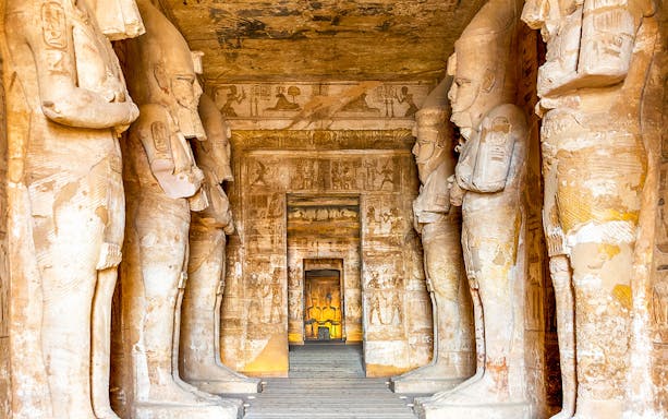 Abu Simbel Temple interior with ancient statues and hieroglyphics, Egypt.