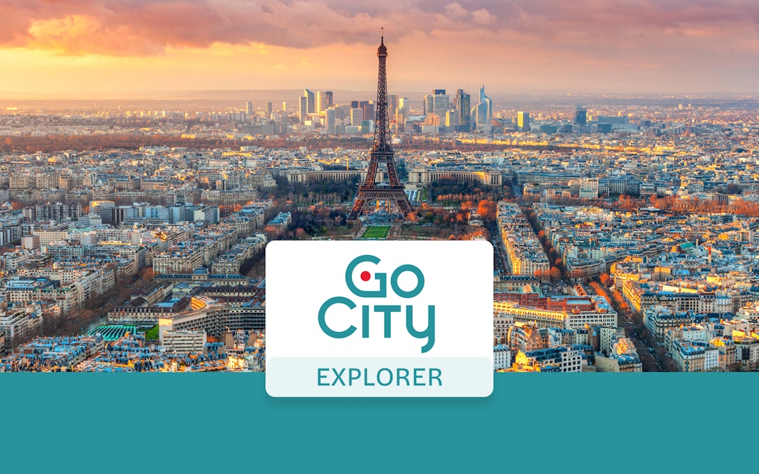 Eiffel Tower view over Paris skyline at sunset, promoting Go City Explorer Pass.