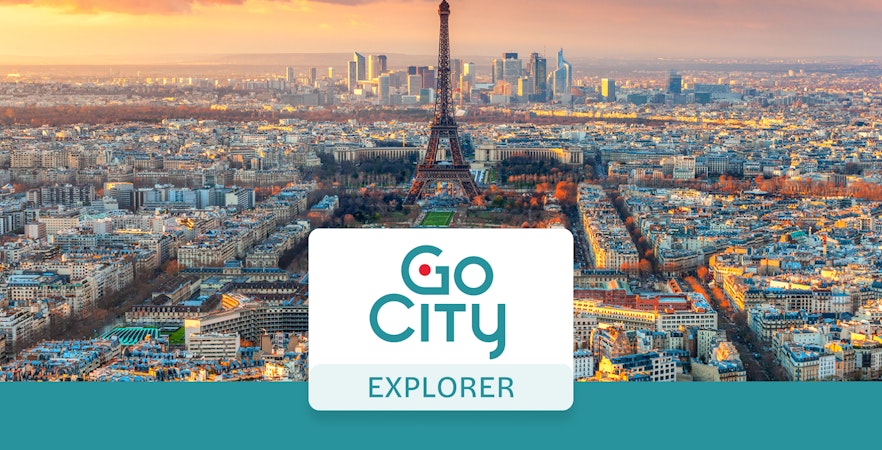 Eiffel Tower view over Paris skyline at sunset, promoting Go City Explorer Pass.