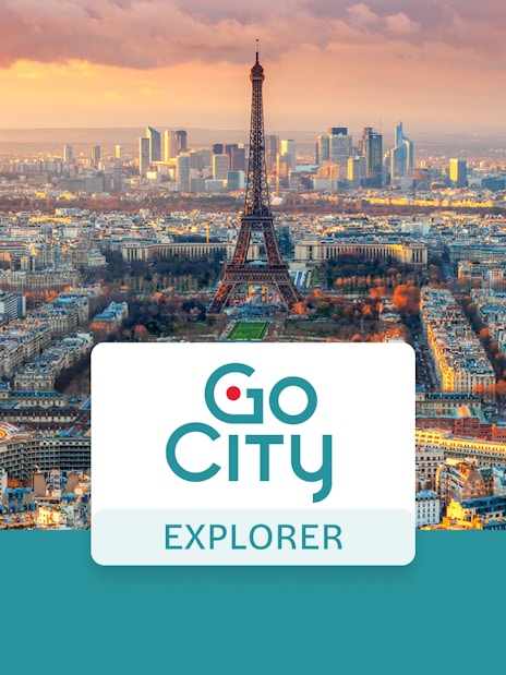 Eiffel Tower view over Paris skyline at sunset, promoting Go City Explorer Pass.