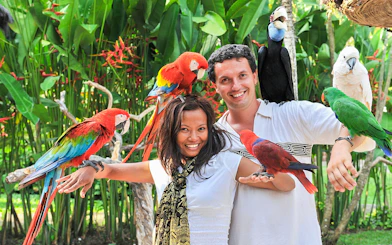 Couple with colorful parrots at Madrid Zoo Aquarium.
