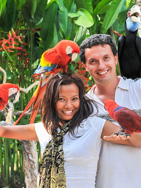 Couple with colorful parrots at Madrid Zoo Aquarium.
