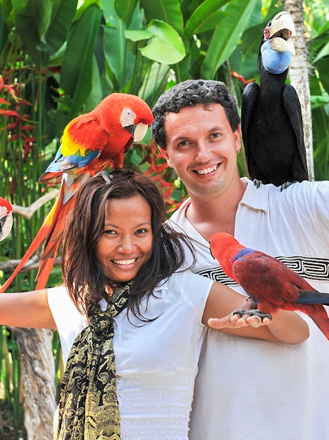 Couple with colorful parrots at Madrid Zoo Aquarium.