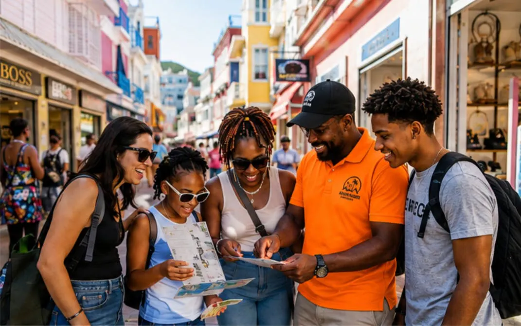 Group of tourists with a guide on Philipsburg Amazing Race-Style Interactive Walking Tour.