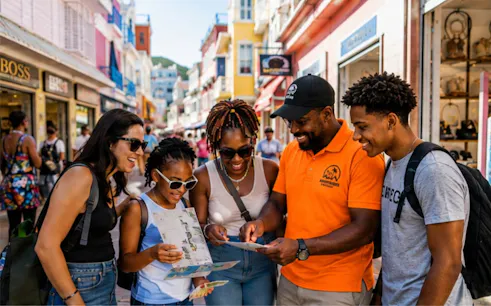 Group of tourists with a guide on Philipsburg Amazing Race-Style Interactive Walking Tour.