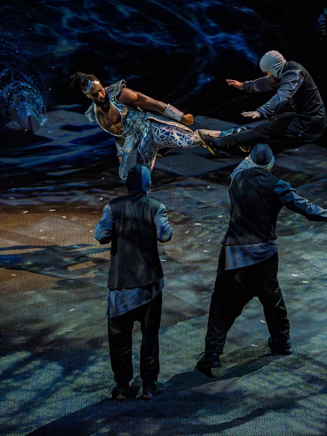 Acrobatic performance scene from La Perle show in Dubai, featuring dynamic martial arts.