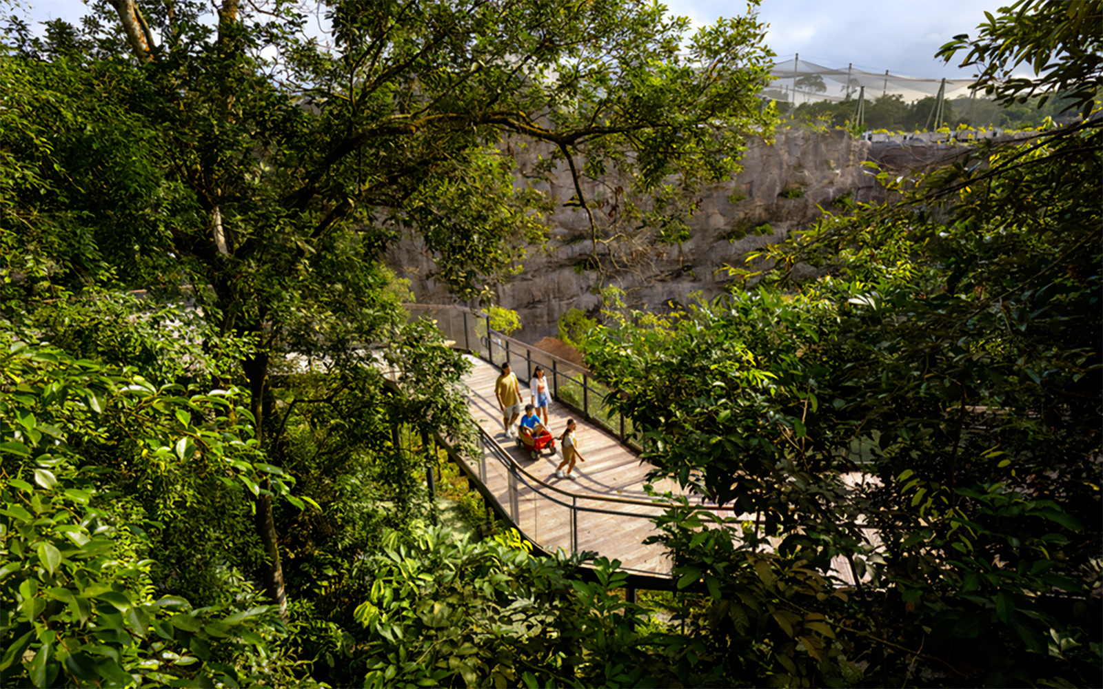 Family walking on an elevated walkway through lush greenery in a nature reserve.